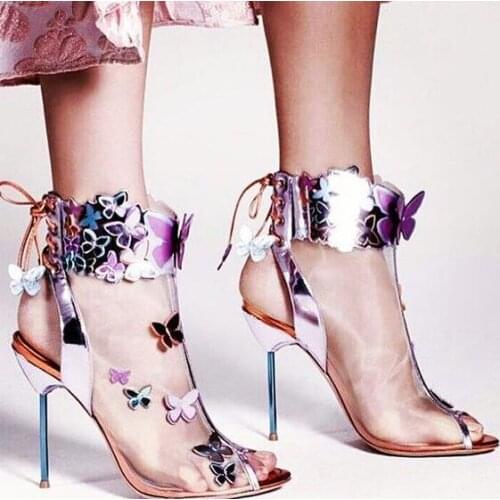 2017 Sexy Peep Toe Butterfly Cover Ladies Elagant Slingback High Heel Boots Newest Transparent Mesh Women Lace Up Ankle Boots