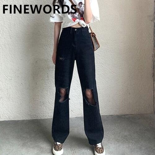FINEWORDS Streetwear Big Hole Ripped Wide Leg Jeans Women Casual Retro Korean Punk Jeans Plus Size Loose Full Length Denim Pants
