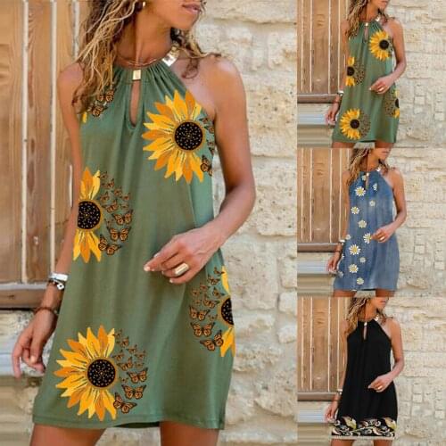 Womens Sexy Round Neck Sleeveless Mini Dress Ladies Office Elegant Dress Vestidos Sunflower Print Party Dresses Robe Été