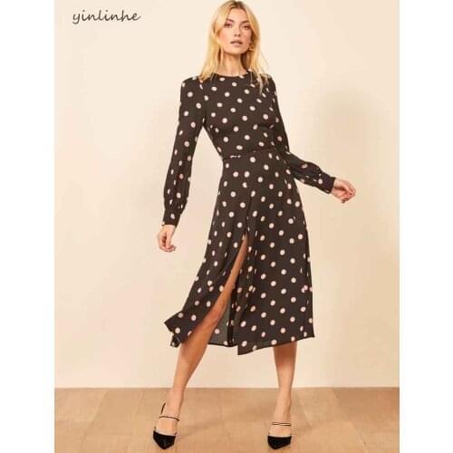 Yinlinhe Black Polka Dot Dress Women High Waist Vintage Spring Dress long Sleeve o neck elegant split long Party Vestido 1452
