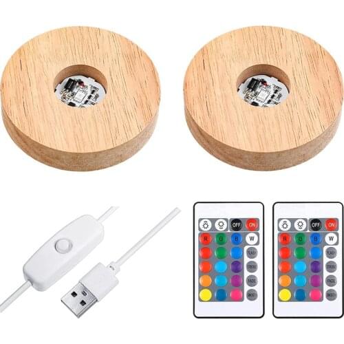 2 Pcs LED Lights Display Base Colored Round Wooden Lighted Base Stand with Remote Control for Crystal Glass Resin Art