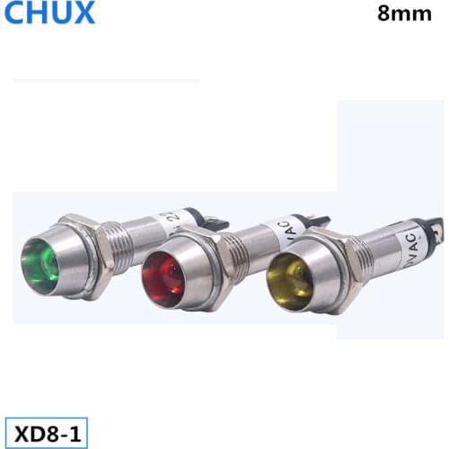 5Pcs Power Indicator Light 8mm LED Signal Lamp Panel Mounting Red Green Yellow Indication 12VDC 24VDC 220VAC XD8-1