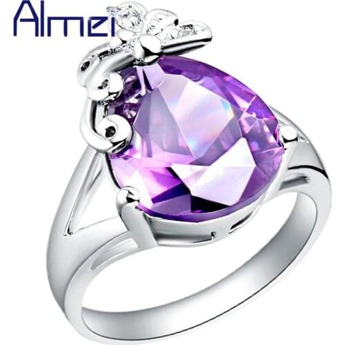 Almei One Piece Aneis Butterflies Rings With Red/Purple Stone Crystal Wedding Womens Jewelry Silver Color Fianit Ring J095