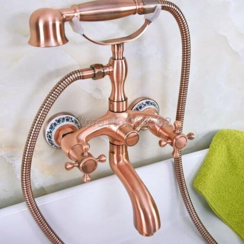 Antique Red Coppe Wall Mount Clawfoot Bath Tub Faucet w/ Handheld Shower lna324
