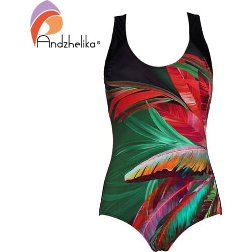 Andzhelika Leaves Print One-Piece Swimsuit 2021 Summer Women XL-5XL Plus Size Swimwear Bodysuit Beach Bathing Suit Monokini