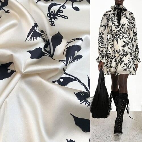 145cm*100cm designer fabric for dress new style black rattan flower imitation silk stretch satin garment printing sewing fabric