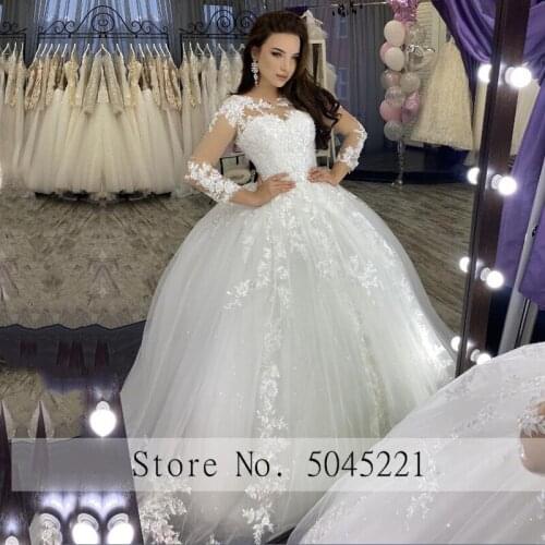 Dubai Lace Appliques Long Sleeves Wedding Dresses 2020 Muslim Aibye Long Tulle Wedding Bridal Gowns Vestido De Noiva Bride Dress