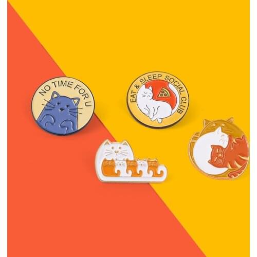 Cute Cat Pets Club Enamel Pins Sequence Pizza Bag Brooch Lapel Badge Cartoon Animals Jewelry Gift For Kids Friends Wholesale