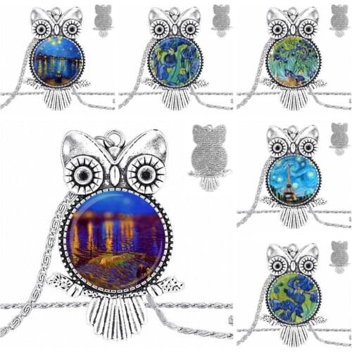 EJ Glaze Van Gogh Irises Fashion Glass Cabochon Pendant Necklace Women Choker Owl Necklace For Child