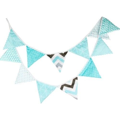 Party Flags Kid Birthday Bunting Banner Holiday Celebration Pennant Fresh Blue Geometric Wave Stripe Dot Print Fabric Decoration