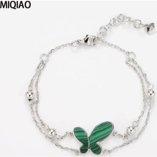 MIQIAO Natural Stone Malachite Butterfly Necklace Bracelet Earring Set Female pendants 925 Sterling Silver Frosted Gold-color