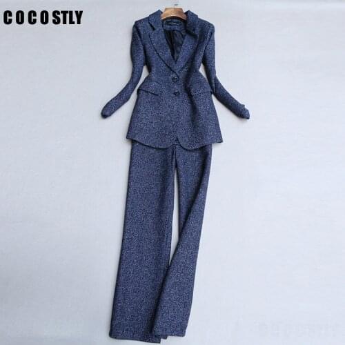 Fashion Pants suit female autumn winter high quality casual rough Woolen suit jacket + wide leg pants two-piece set women suits