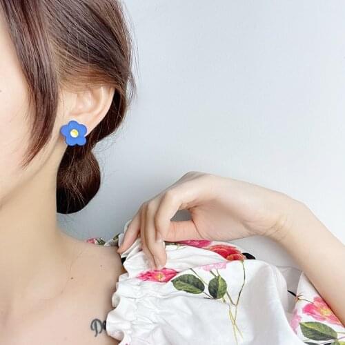 LOVOACC Candy Color Enamel Flower Stud Earrings for Women Girls Asymmetric Oil Floral Small Statement Earrings Summer Jewelry