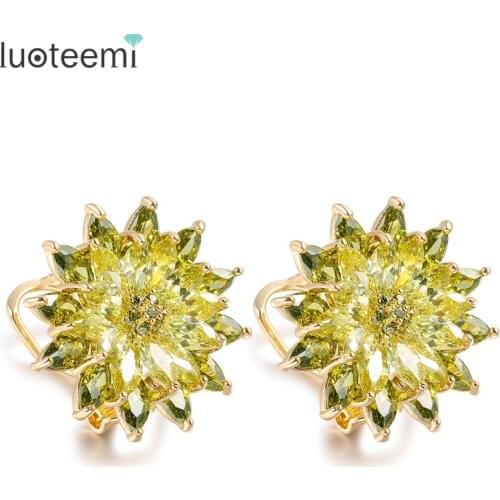 LUOTEEMI New Unique Champagne Gold-Color Luxury AAA Bright Cubic Zircon Stud Earrings Flower Bridal Wedding for Women Jewelry