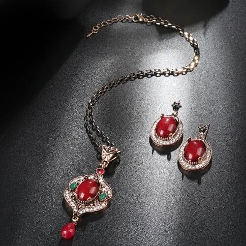 2 pcs/lot Vintage Big Blue Red Stone Jewellery Sets For Women Antique Gold Crystal Earrings Necklace Set Turkish Jewelry