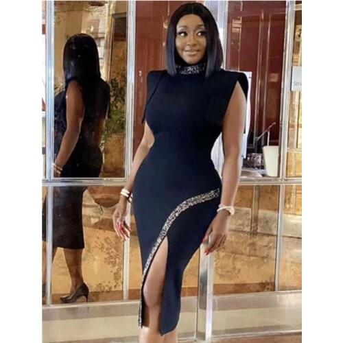 Newest Women Winter Sexy Turtleneck Beading Split Midi Black Bodycon Bandage Dress 2021 Elegant Evening Party Dress Vestidos