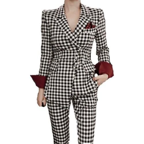 Autumn 2020 Fashion Women Trousers Sets Stylish Plaid Slim Pant Suits 2 Pieces Office Lady Fashion Blazer Suits Chaqueta