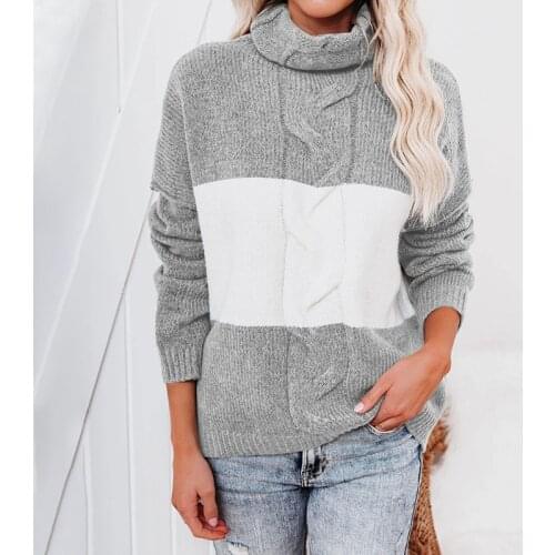 Autumn Patchwork Women Pullover Sweater Loose O Neck Long Sleeve Thick Turtleneck Top Female Jumper Knitted Sweater Pullovers