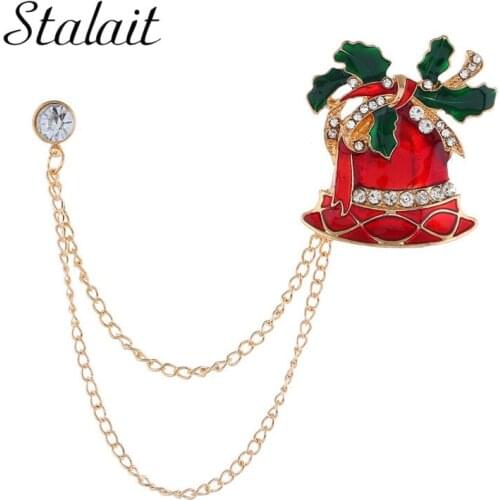 Romantic Christmas Bell Colorful Flower Brooches Crystal Enamel Red Hat Gold Chain Brooch Pin For Women Wedding Gifts Jewelry