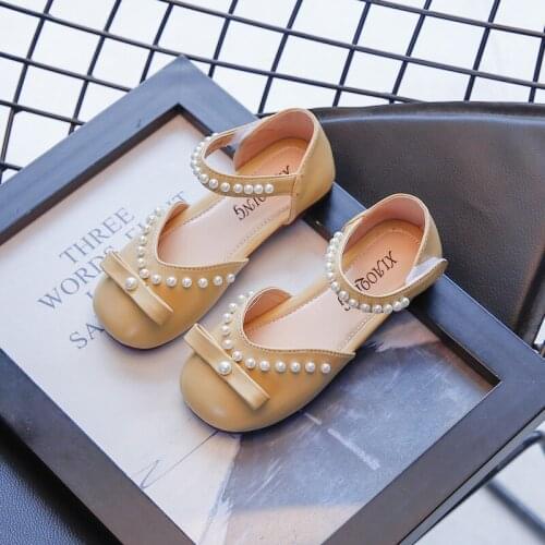 Girls Sandals Children Leather Shoes 2021 Autumn Toddler Infant Kids Non-slip Pearl Crystal Bowknot Single Princess Roman Shoes