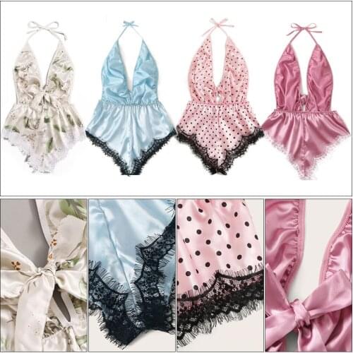 Sexy Backless Polka Dot Pink Halter Bodysuits Women Sweet Cute Lace Up Lace Patchwork Babydoll Lingerie Rompers Sleepwear