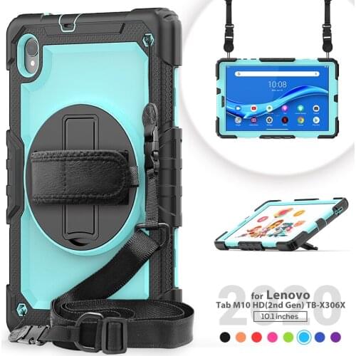 Heavy Duty Hard Back Cover with Rotatable Kickstand for Lenovo Tab M10 HD 2nd Gen 10.1 TB-X306F/X Silicone Kids Case+Strap