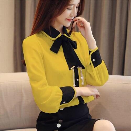 Spring Fall Office Ladies Womens Long Sleeve Patchwork Yellow Chiffon Blouse Top Shirt , 3xl Bow Tops and Blouses for Women