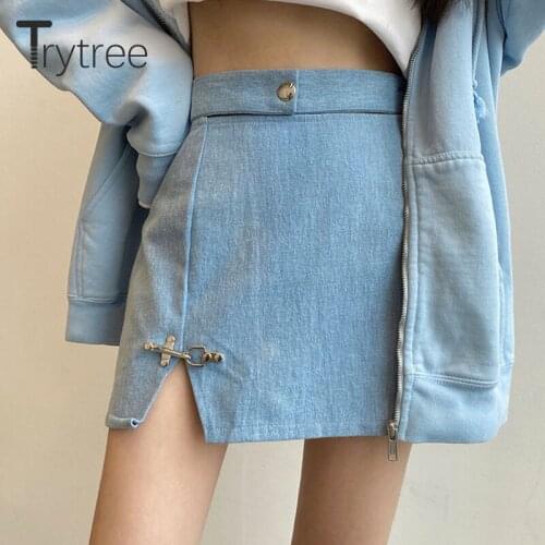 Trytree 2020 Spring Autumn Casual Woman Denim Skirt Hollow Out High Waist Sexy Split Hem Zipper Fly Sky Blue Sweet Mini Skirt