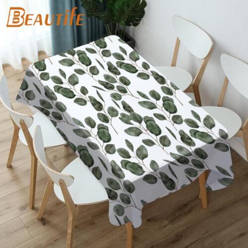Watercolor Eucalyptus Leaf Seamless Pattern Tablecloth Waterproof Oxford Fabric Printed Table Cloth Room Party Table Cover