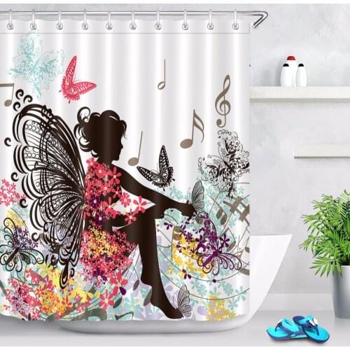 72'' Flowers Butterflies Floral Fairy Black Girl Love to Music Bathroom Waterproof Fabric Shower Curtain Polyester 12 Hooks
