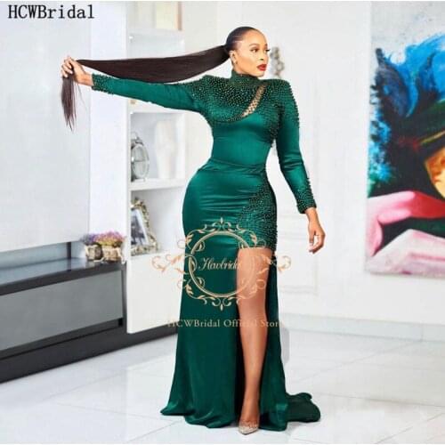 Green Long Sleeve Evening Dress Mermaid High Neck Beads Satin African Women Occasion Dresses With Slit Long Prom Party Gowns