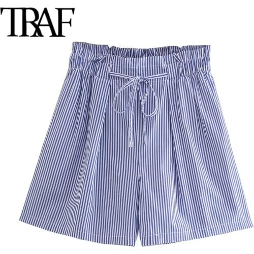 TRAF Women Fashion Side Pockets Striped Bermuda Shorts Vintage High Elastic Waist Drawstring Female Short Pants Mujer