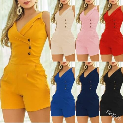 Large Size Women Slim Sleeveless Suit Jumpsuit Sexy V Neck Solid Playsuit with Pockets Buttoin One Piece Romper For Lady 5XL