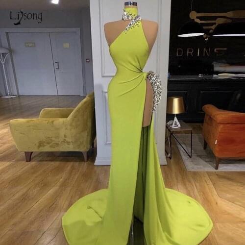 Abendkleider Mermaid Evening Dresses 2020 Light Grass Green High Side Split Sexy Long Evening Gowns Sequined Party Dress