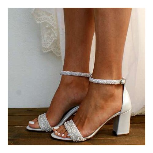 2021 Summer High Heels Women Sandals Luxury White Pearls Bridal Wedding Shoes Sexy Open Toe Ankle Strap Ladies Party Sandals