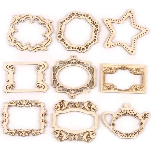 5Pcs Photo Frame Hollow Wood Crafts For DIY Scrapbook Natural Wooden Embellishments Kids Home Decor Handmade Ornaments M2561