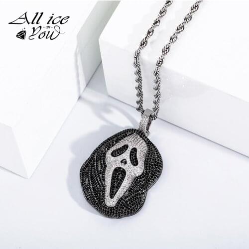 ALLICEONYOU Iced Out Hip Hop Cubic Zirconia Halloween Christmas Ghost Pendant Necklace With Tennis Cuban Chain Gift For Women