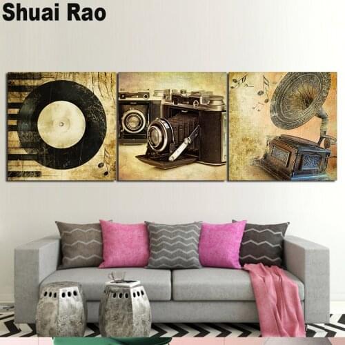 Triptych 3 Pieces Diamond painting Retro musical instrument Diamond Embroidery 5d modern decor painting full square round drill