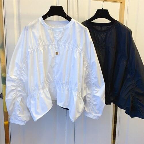 White Ruched 2021 Out Long Sleeve Blouse Women Shirring Casual Top Ladies Blouse Korean Fashion Clothing