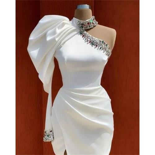White Side Split Mermaid Prom Dresses Beaded High Neck Long Sleeve Evening Dress Party Second Reception Gowns