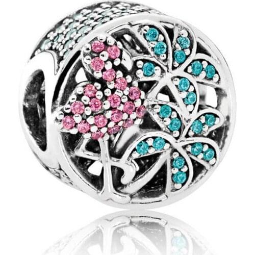 Tropical Flamingo Charm Bead for Women Bracelet Girl Lady Birthday Gift Multi-Colored CZ S925 Silver DIY Jewelry