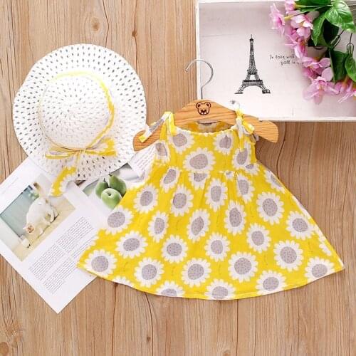 2Piece Baby Summer Clothes Set Cute Sun Flowers Sleeveless Cotton Infant Princess Dress Toddler Girl Beach Dresses + Sunhat 1-3Y
