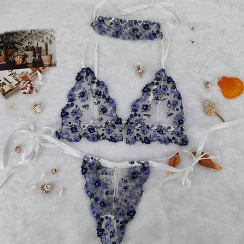 Exotic Lingerie Set Bra V-Neck Sleevless Flower Embroidery Sexy Thong Halter Underwear for Women Bielizna Damska Drop Ship