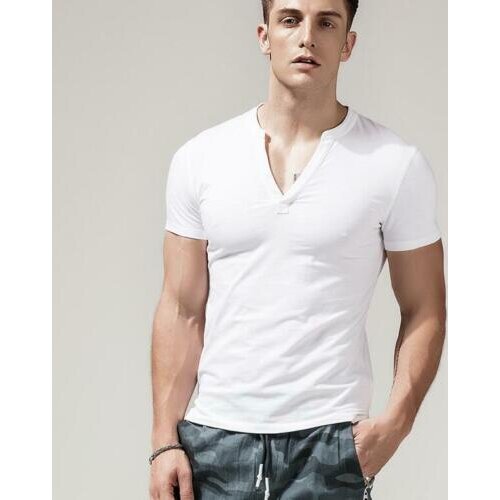 Mens Short Sleeve Skinny Cotton Summer Slim Deep V Neck T-Shirt Casual Tees