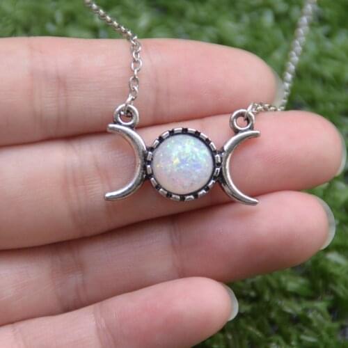 Dainty Triple Moon Pendant Necklace Witch Goddess Hecate Necklace Opal Zircon
