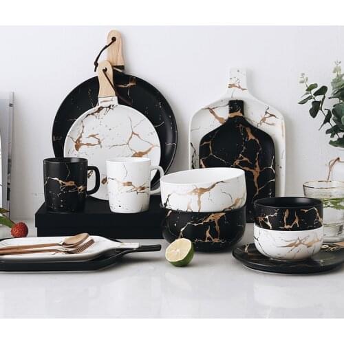 Best Gold Marble Glazed Ceramic Party Cutlery Set Porcelain Breakfast Plate Bowl Noodle Bowl Coffee Cup Decoration Cup