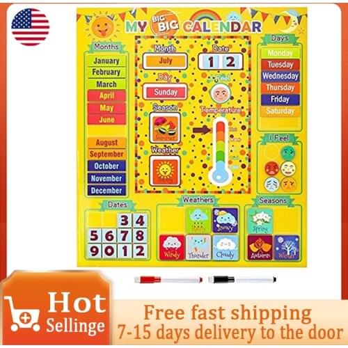 Daily magnetic calendar with hanging ring, early childhood education calendar move the magnet to display the time and weather