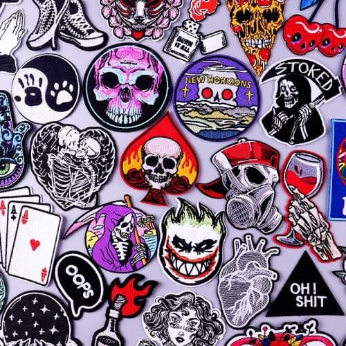 Pulaqi Hippie Heart Iron On Patches On Clothes Grim Reaper Badge Applique Skull Stripes For Jackets Rock Patches For Clothing