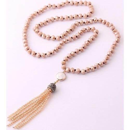 New! Free Shipping 8mm Brown Glass Crystal Beads Knotted with round pearl charm and mini crystal tassel Popular Necklace