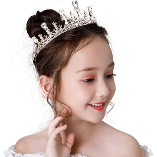 Gold Tiaras Pearls Crystal Childrens Crown Headdress Princess Headband Hair Accessories Birthday Gift for Girls Diadems Decor